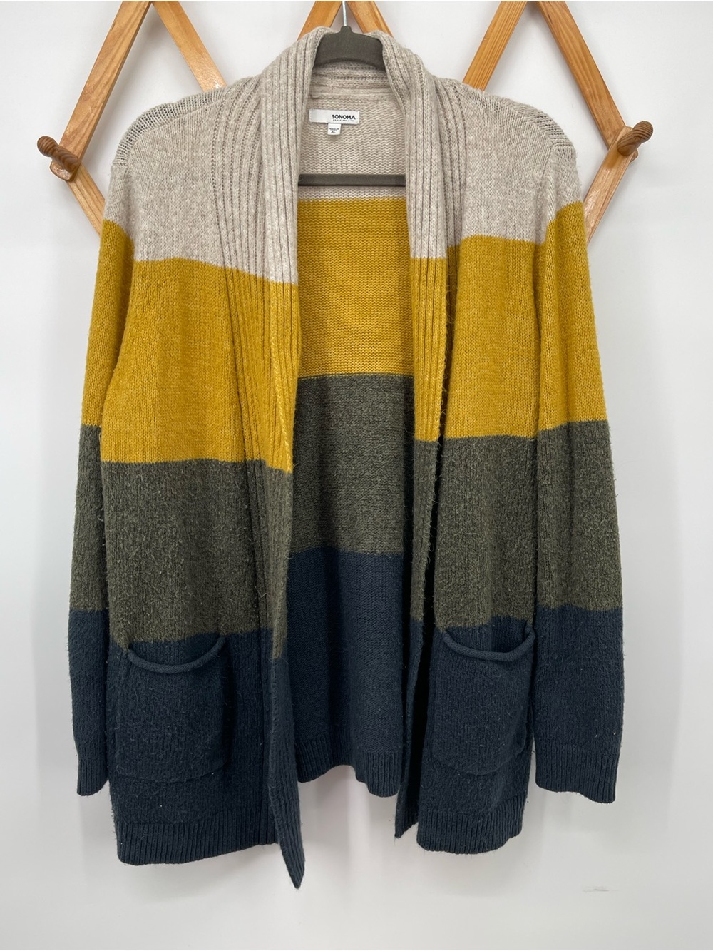 Sonoma Striped Open-Front Cardigan in Cream, Mustard, Olive, and Navy
